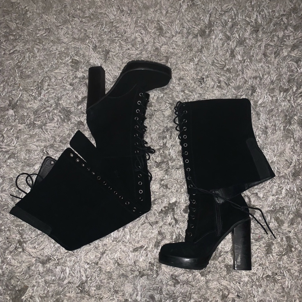 black thigh high laced platform heel boots